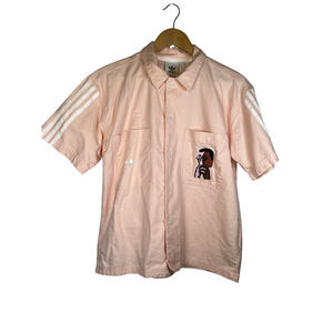 Adidas Shirt Mens Small Pink Unity Art Graphic Short Sleeve Button Up FM1388